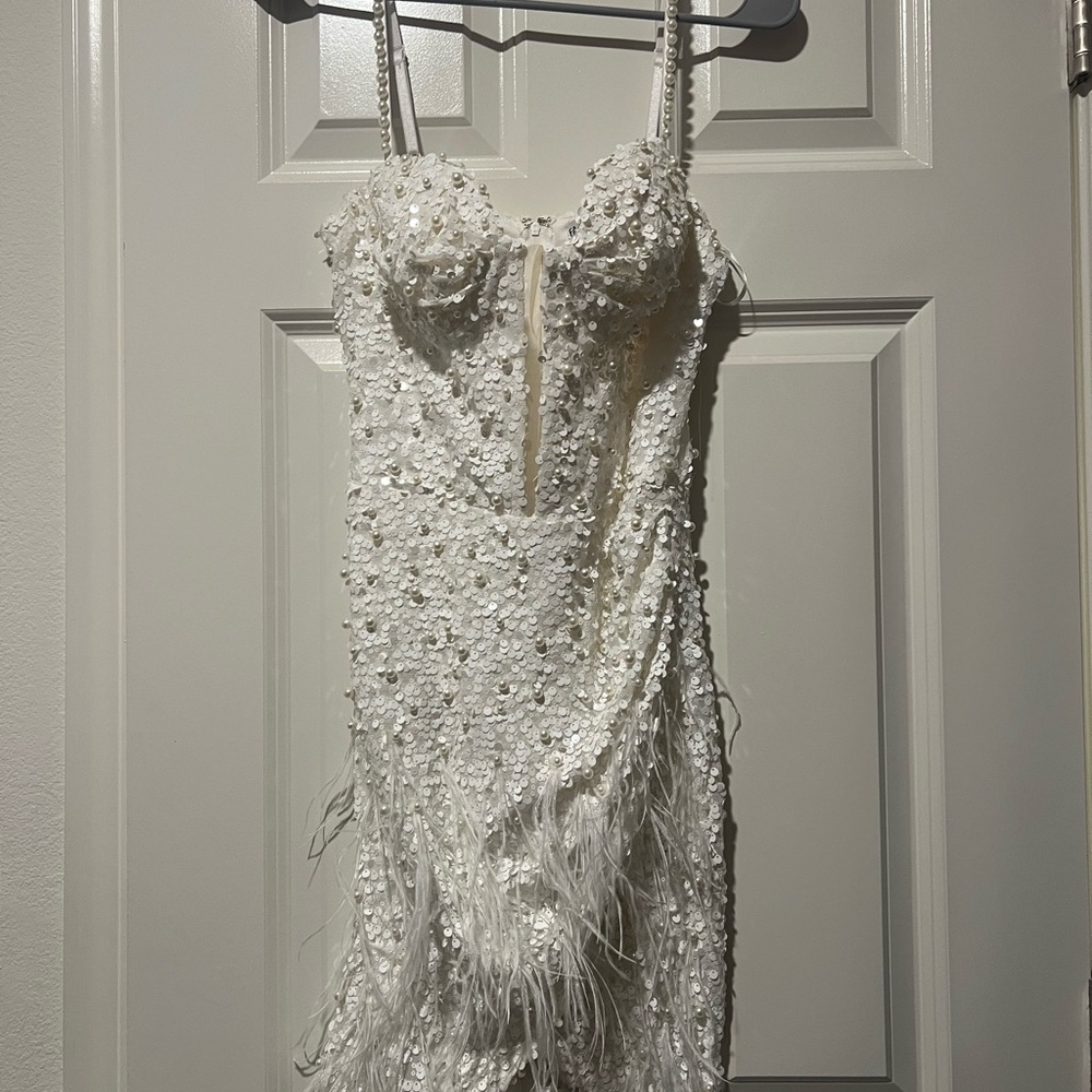 Fashion Nova White Sequin & Feather Mini Dress